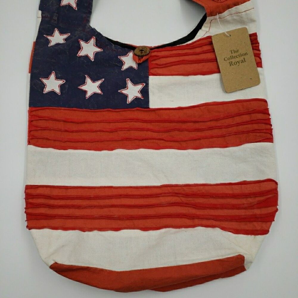 Crossbody Hobo Bag American Flag Patriotic Shredded Distressed Cotton Zip Purse - Picture 9 of 16